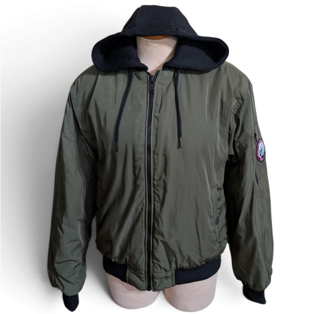 Buffalo David Bitton Mens M Olive Green Hooded Bomber Flight Jacket Patch